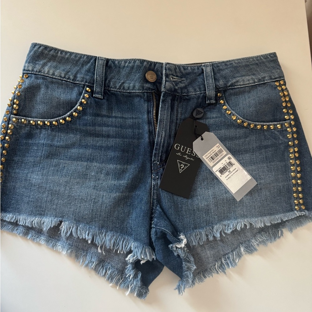 Guess Blue Jean Shorts with Studded Frayed Hem